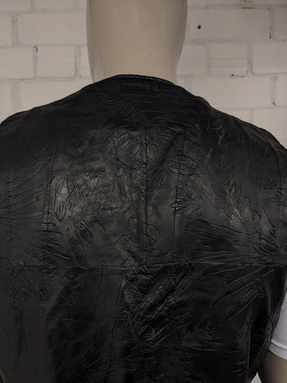 Vintage leren dubbelzijdig gilet met drukknopen. Zwart voelbaar bladmotief. Maat M.