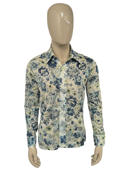 Vintage 70's cellini shirt with point collar. Blue green flowers print and slightly translucent. Size M.