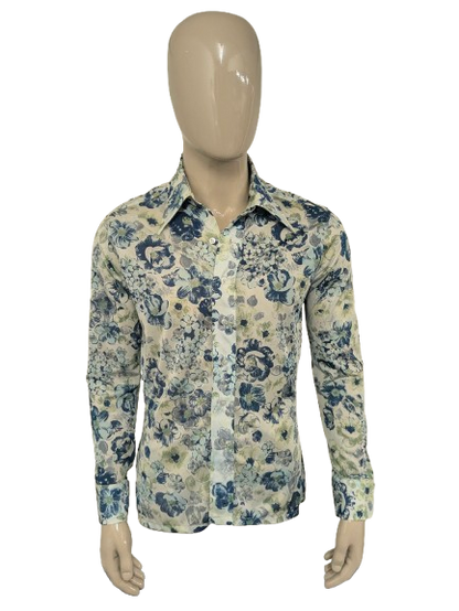 Vintage 70's cellini shirt with point collar. Blue green flowers print and slightly translucent. Size M.