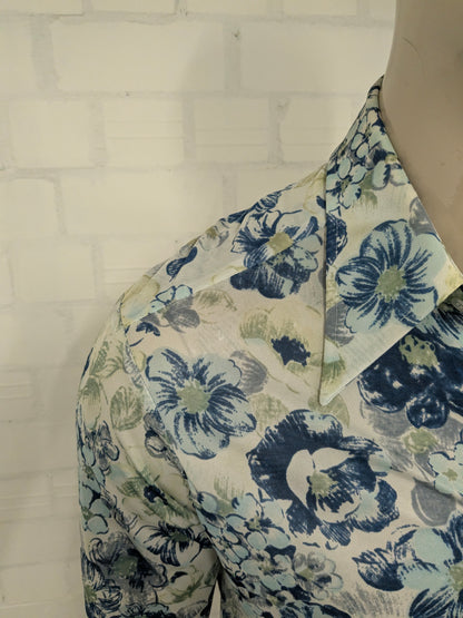 Vintage 70's cellini shirt with point collar. Blue green flowers print and slightly translucent. Size M.