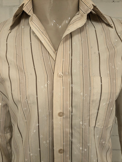 Vintage 70er -Gloweave -Hemd mit Punktkragen. Beige Brown gestreift. Größe M.