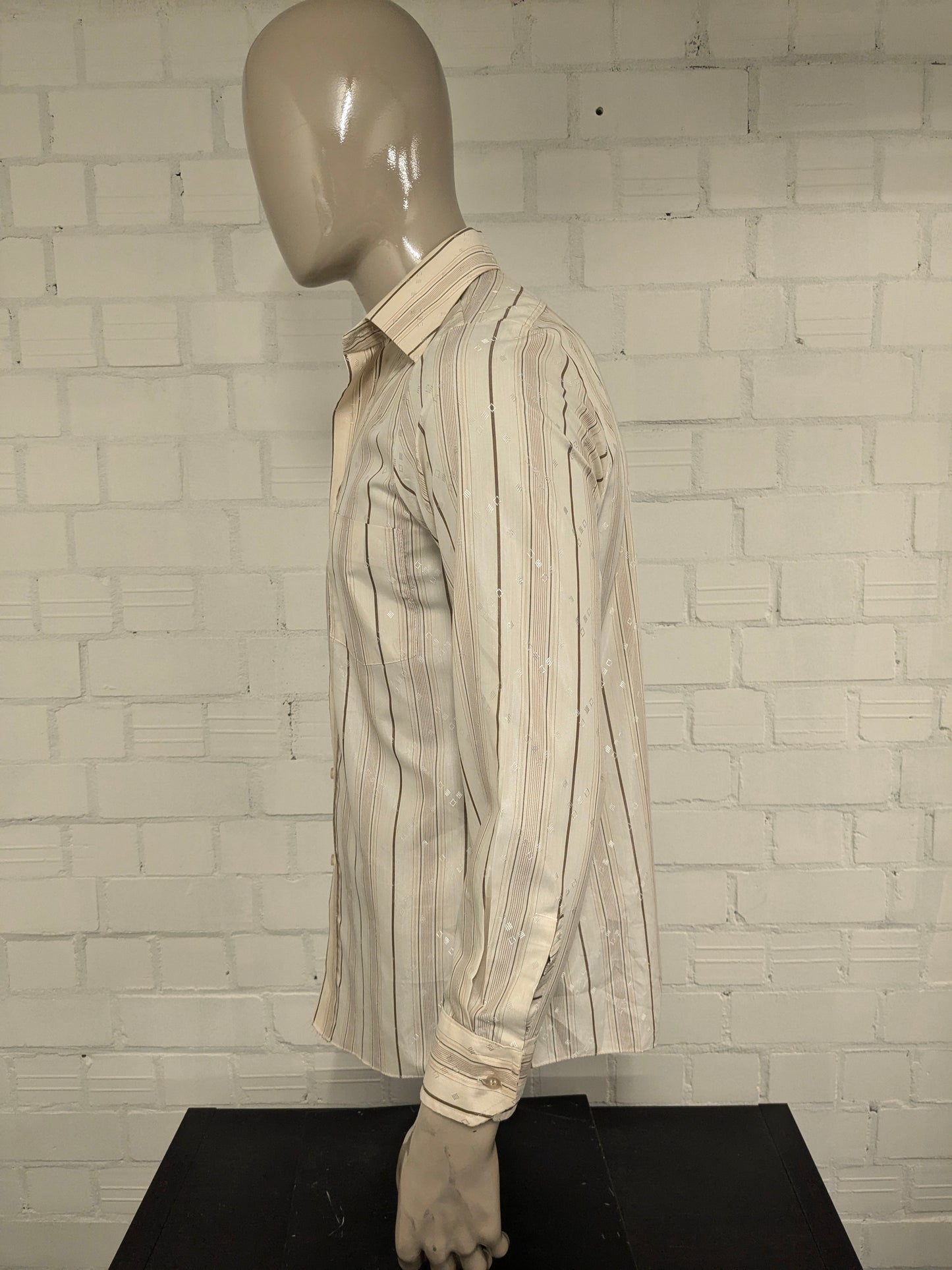 Vintage 70er -Gloweave -Hemd mit Punktkragen. Beige Brown gestreift. Größe M.