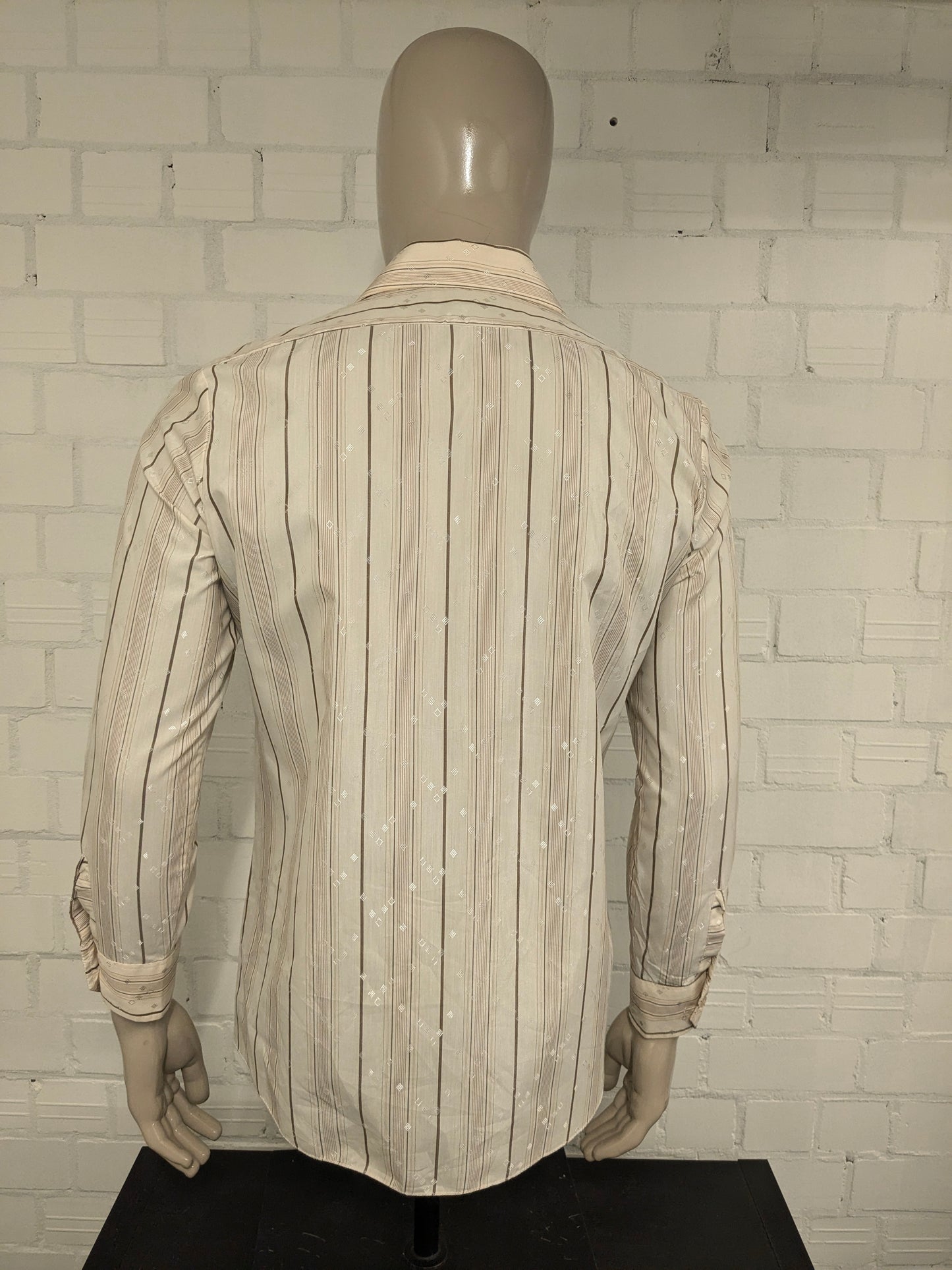 Vintage 70er -Gloweave -Hemd mit Punktkragen. Beige Brown gestreift. Größe M.
