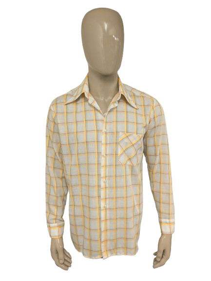 Vintage 70er Marvin-Hemd mit spitzem Kragen. Gelb Blau Beige kariert. Größe XL.