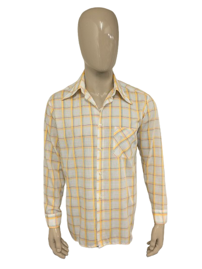 Vintage 70's Marvin shirt with point collar. Yellow blue beige checker. Size XL.