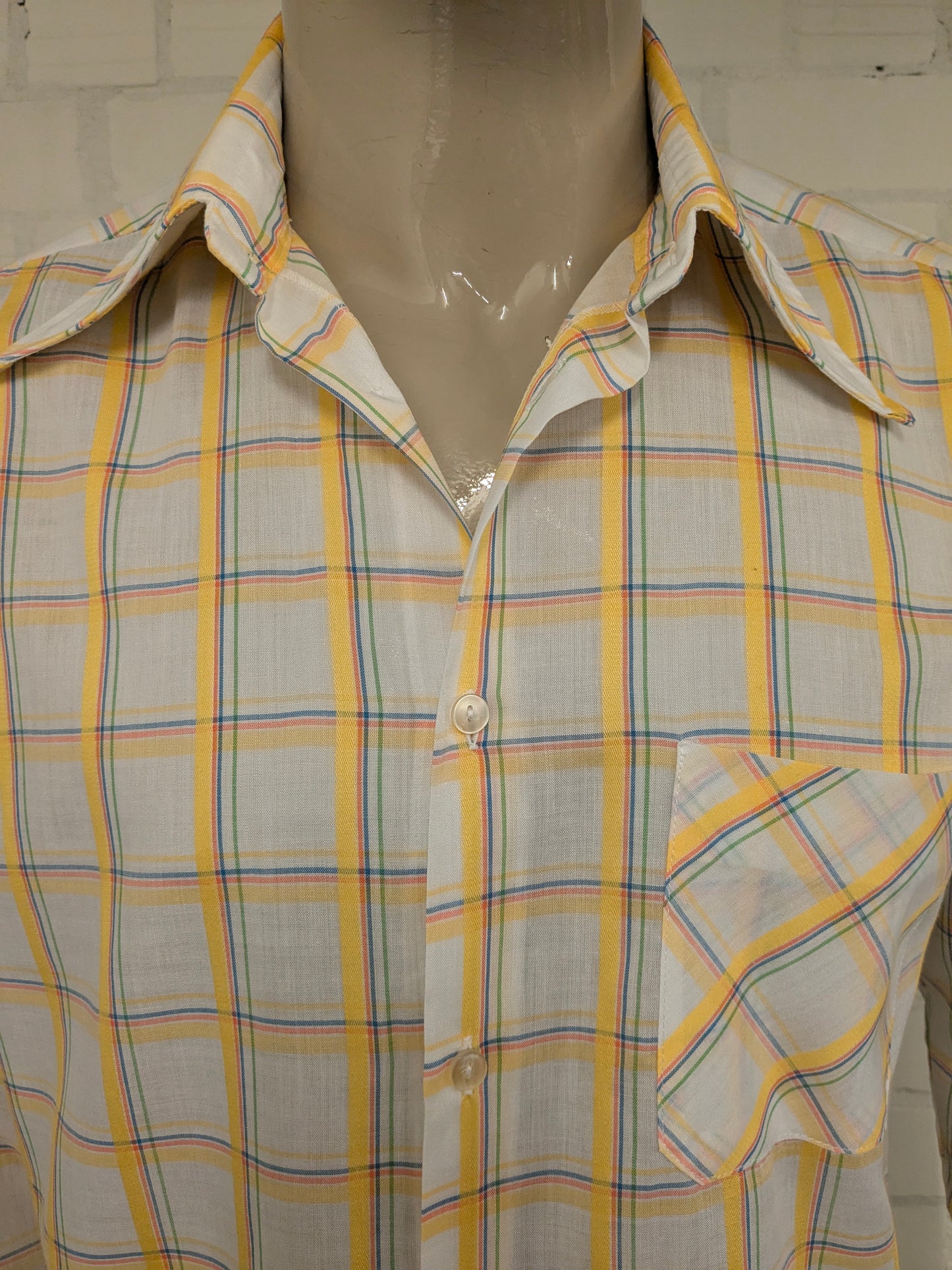 Vintage 70's Marvin shirt with point collar. Yellow blue beige checker. Size XL.