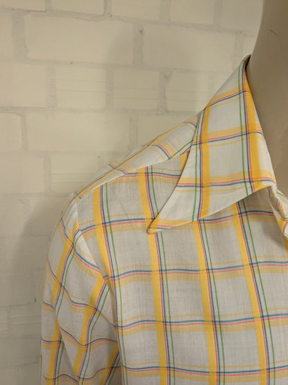 Vintage 70's Marvin shirt with point collar. Yellow blue beige checker. Size XL.