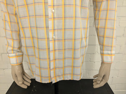 Vintage 70's Marvin shirt with point collar. Yellow blue beige checker. Size XL.