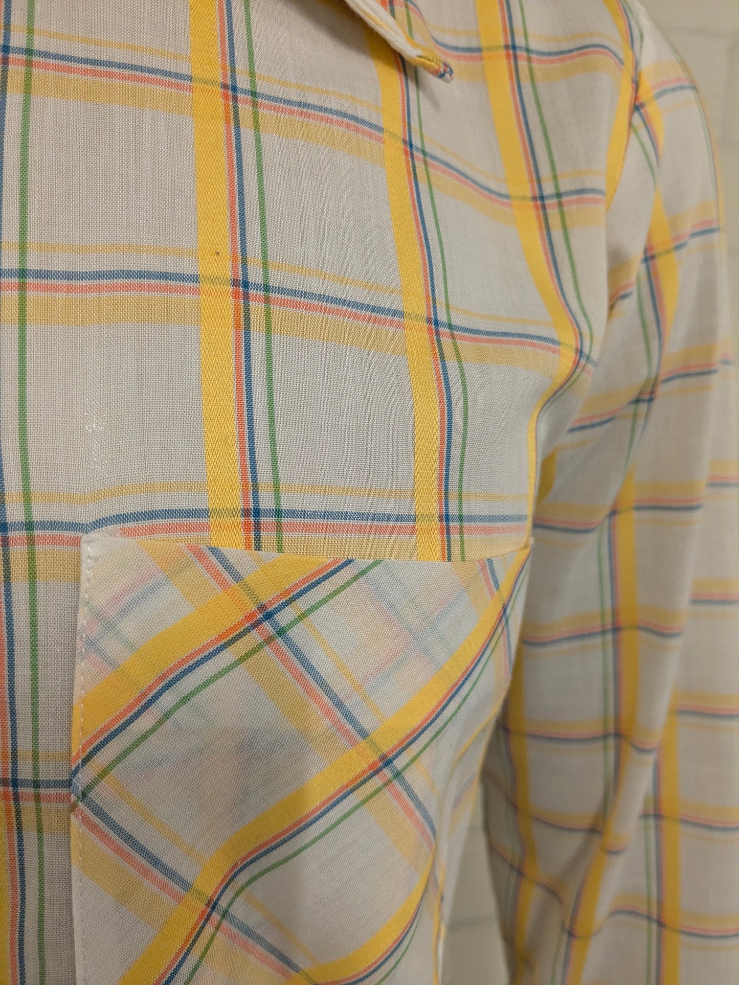 Vintage 70's Marvin shirt with point collar. Yellow blue beige checker. Size XL.