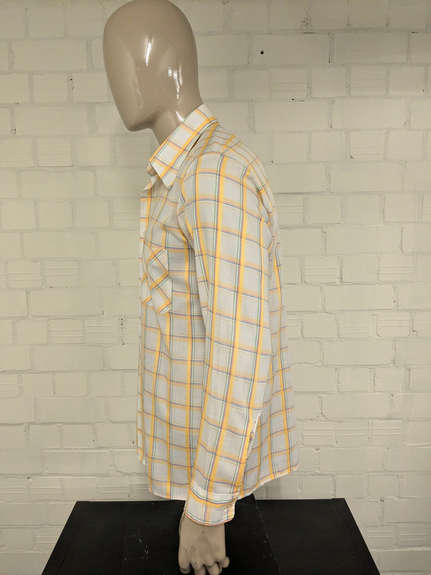Vintage 70's Marvin shirt with point collar. Yellow blue beige checker. Size XL.