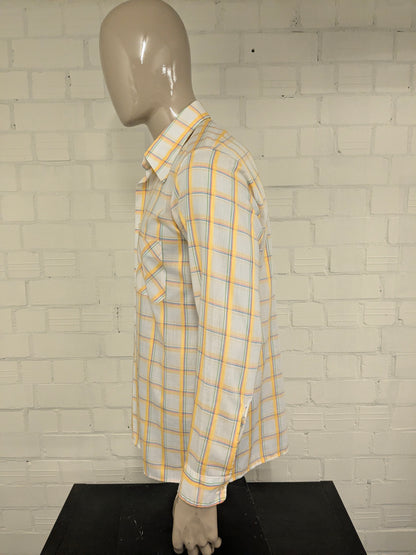 Vintage 70's Marvin shirt with point collar. Yellow blue beige checker. Size XL.