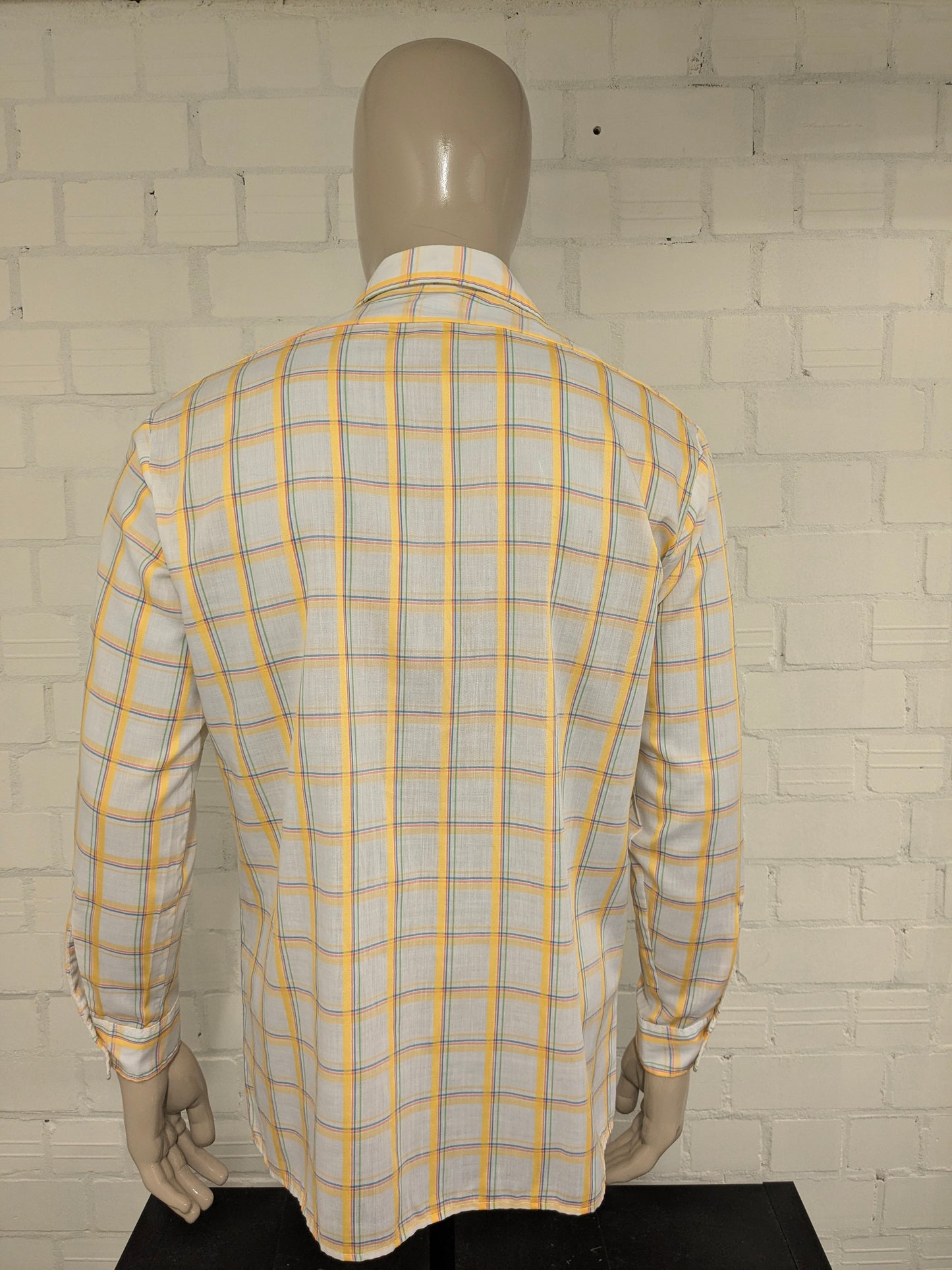Vintage 70's Marvin shirt with point collar. Yellow blue beige checker. Size XL.