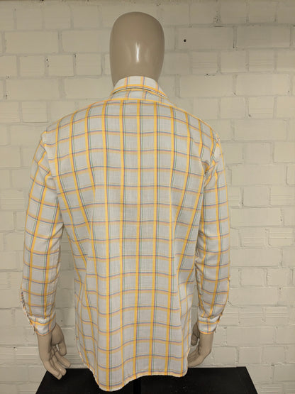 Vintage 70's Marvin shirt with point collar. Yellow blue beige checker. Size XL.