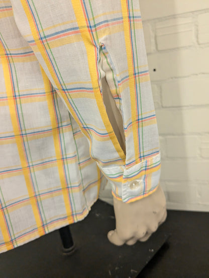 Vintage 70's Marvin shirt with point collar. Yellow blue beige checker. Size XL.
