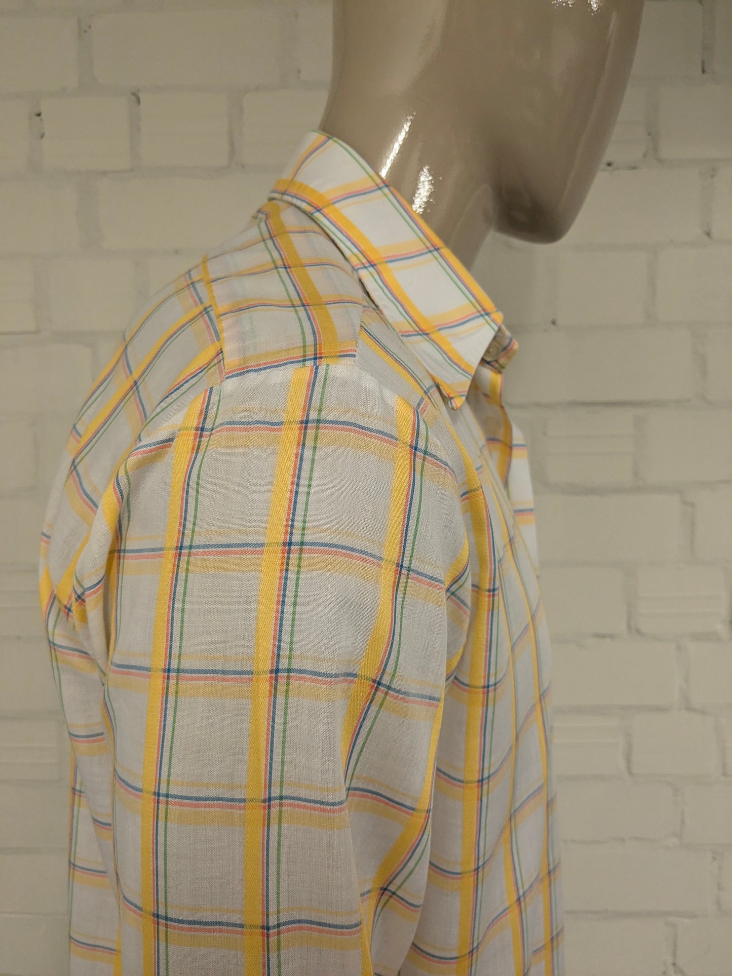 Vintage 70's Marvin shirt with point collar. Yellow blue beige checker. Size XL.