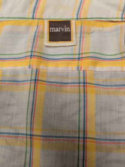 Vintage 70's Marvin shirt with point collar. Yellow blue beige checker. Size XL.