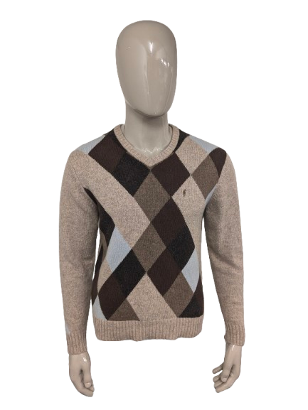 Signitore di lana da agricoltore vintage con scollo a V. Colorato blu marrone. Taglia M. 80% lana.