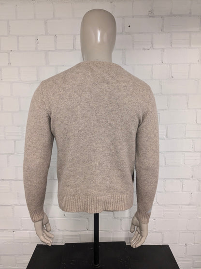 Signitore di lana da agricoltore vintage con scollo a V. Colorato blu marrone. Taglia M. 80% lana.