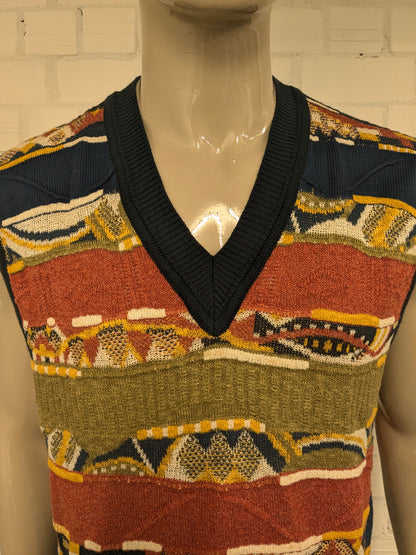 Vintage Monello Spencer with V-neck. Green blue yellow red colored. Size XL.