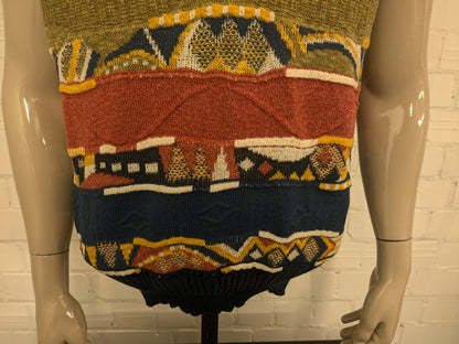 Vintage Monello Spencer with V-neck. Green blue yellow red colored. Size XL.