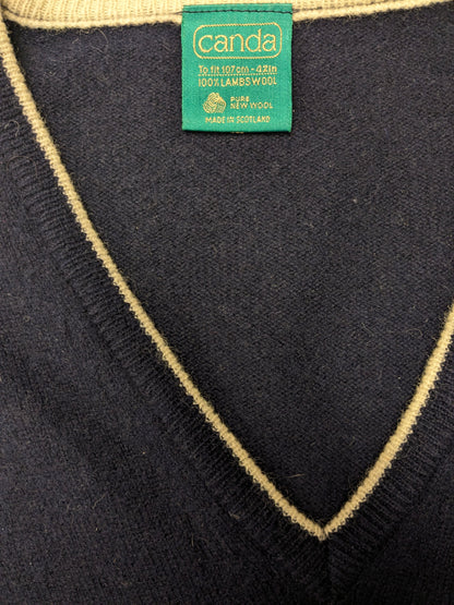 Vintage Canda LamsWollen spencer met V-Hals. Donker Blauw gekleurd. Maat M. 100% Wol.