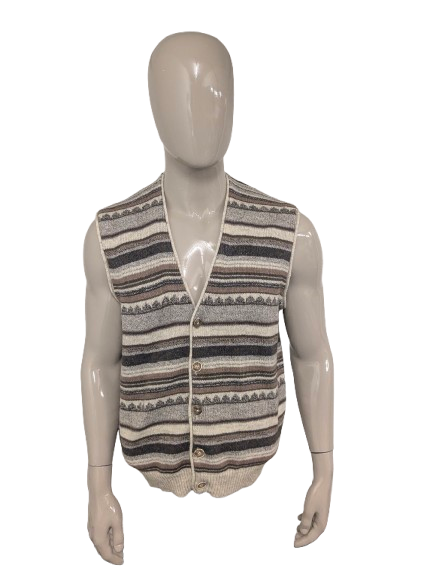 Vintage top design woolen waistcoat / spencer / vest. Beige brown motif. Size L. 45% wool.