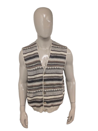 Vintage top design woolen waistcoat / spencer / vest. Beige brown motif. Size L. 45% wool.