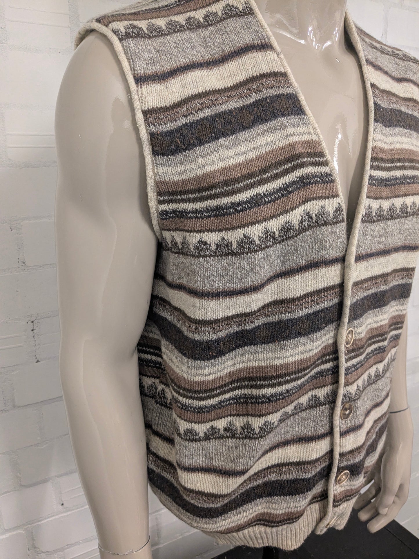 Vintage top design woolen waistcoat / spencer / vest. Beige brown motif. Size L. 45% wool.