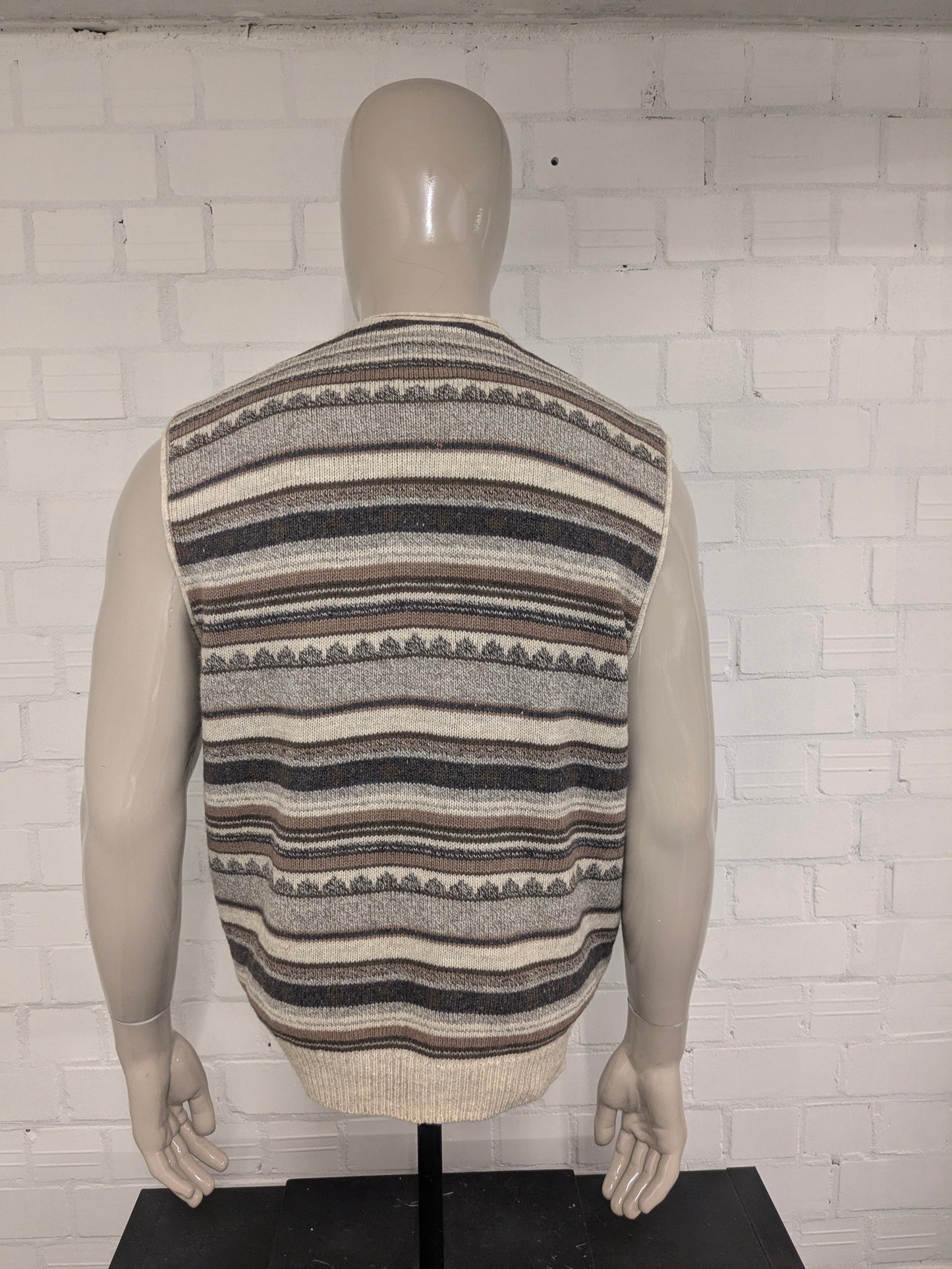 Vintage top design woolen waistcoat / spencer / vest. Beige brown motif. Size L. 45% wool.