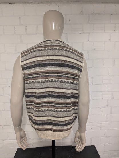 Vintage top design woolen waistcoat / spencer / vest. Beige brown motif. Size L. 45% wool.