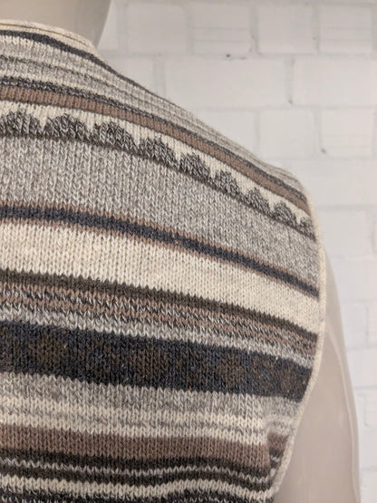 Vintage top design woolen waistcoat / spencer / vest. Beige brown motif. Size L. 45% wool.