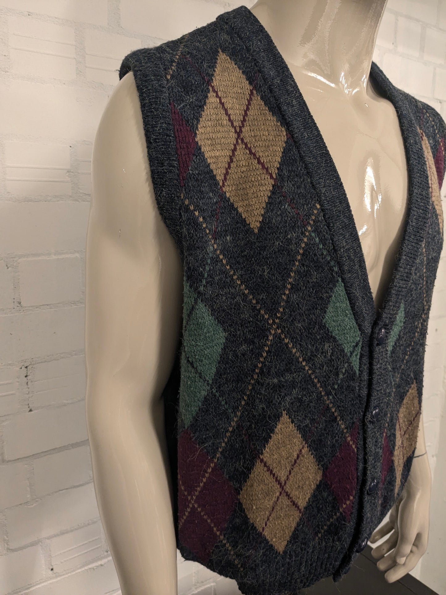 Woolworths vintage Woolworths / Spencer / gilet. Motivo Argyle verde marrone rosso grigio. Taglia L.
