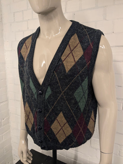 Woolworths vintage Woolworths / Spencer / gilet. Motivo Argyle verde marrone rosso grigio. Taglia L.