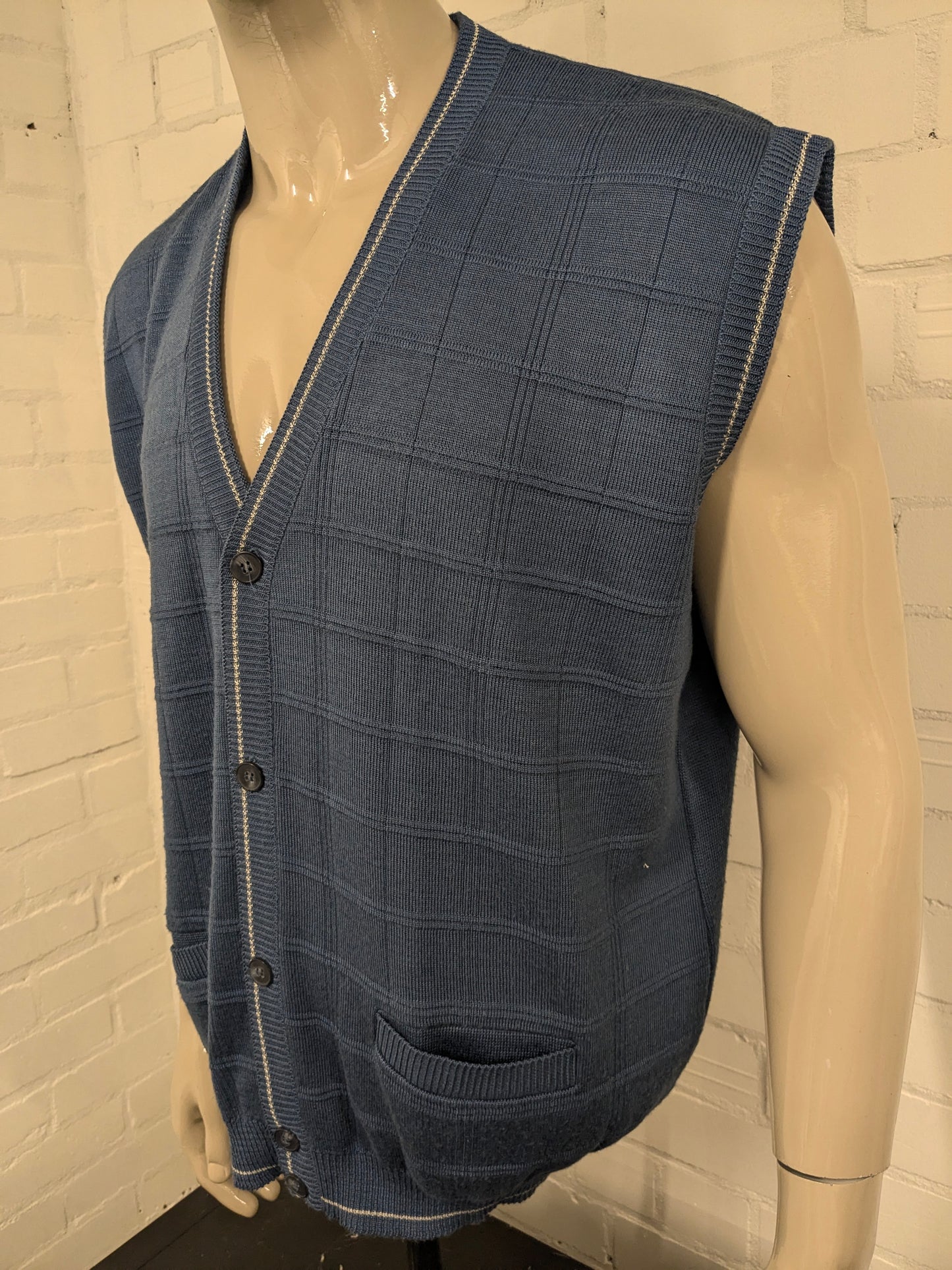 Vintage Afibel spencer / gilet / vest. Blauw motief. Maat 2XL / XXL.