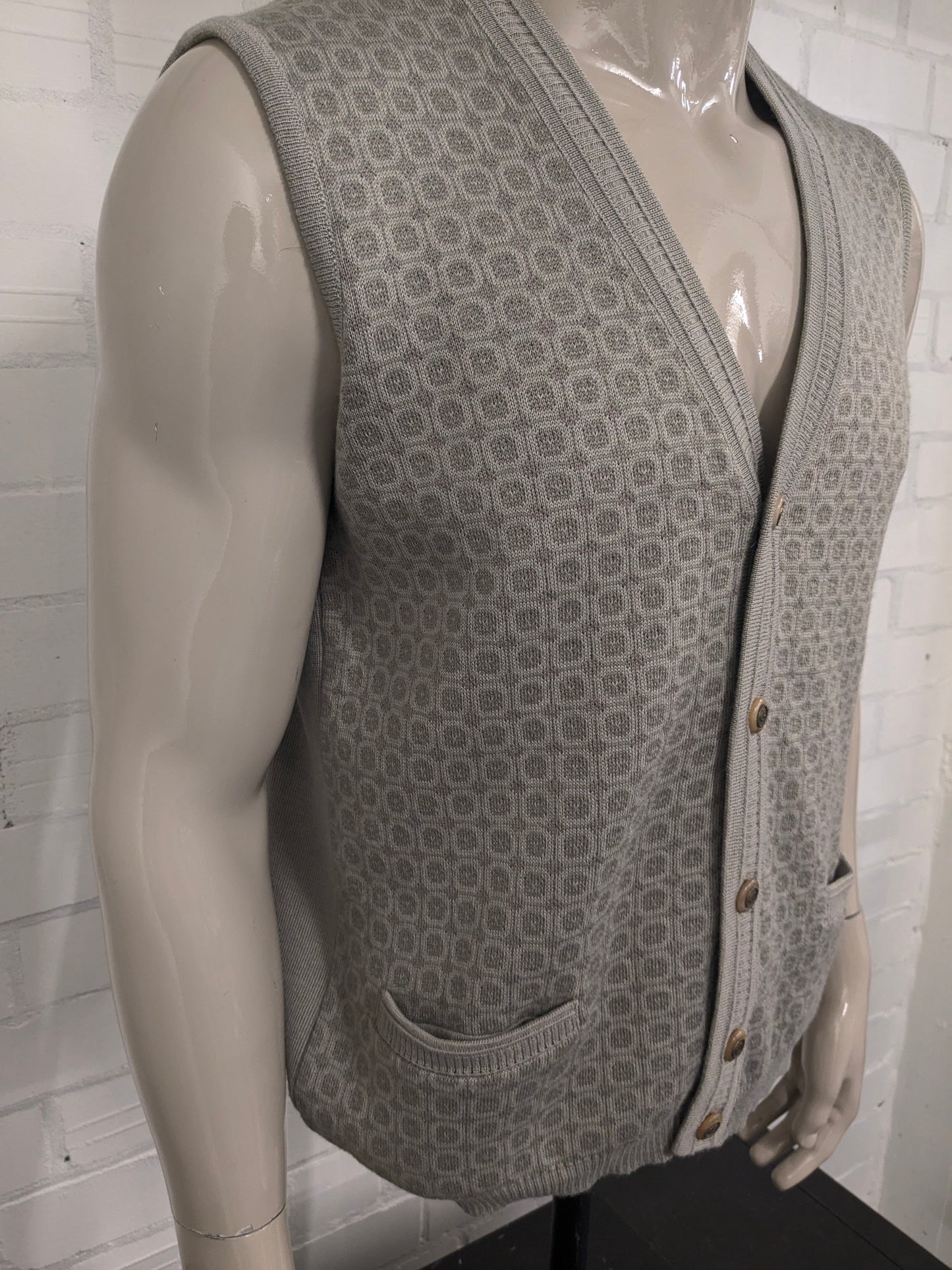 Vintage Wollen Bernardino gilet / spencer / vest met mooie knopen. Groen Lila motief. Maat M. 50% Wol.