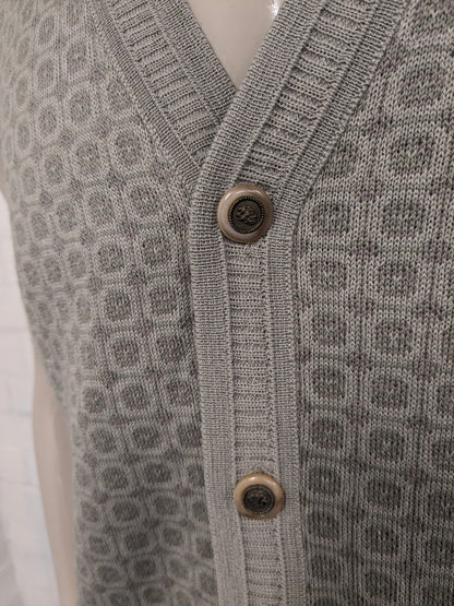 Vintage Wollen Bernardino gilet / spencer / vest met mooie knopen. Groen Lila motief. Maat M. 50% Wol.