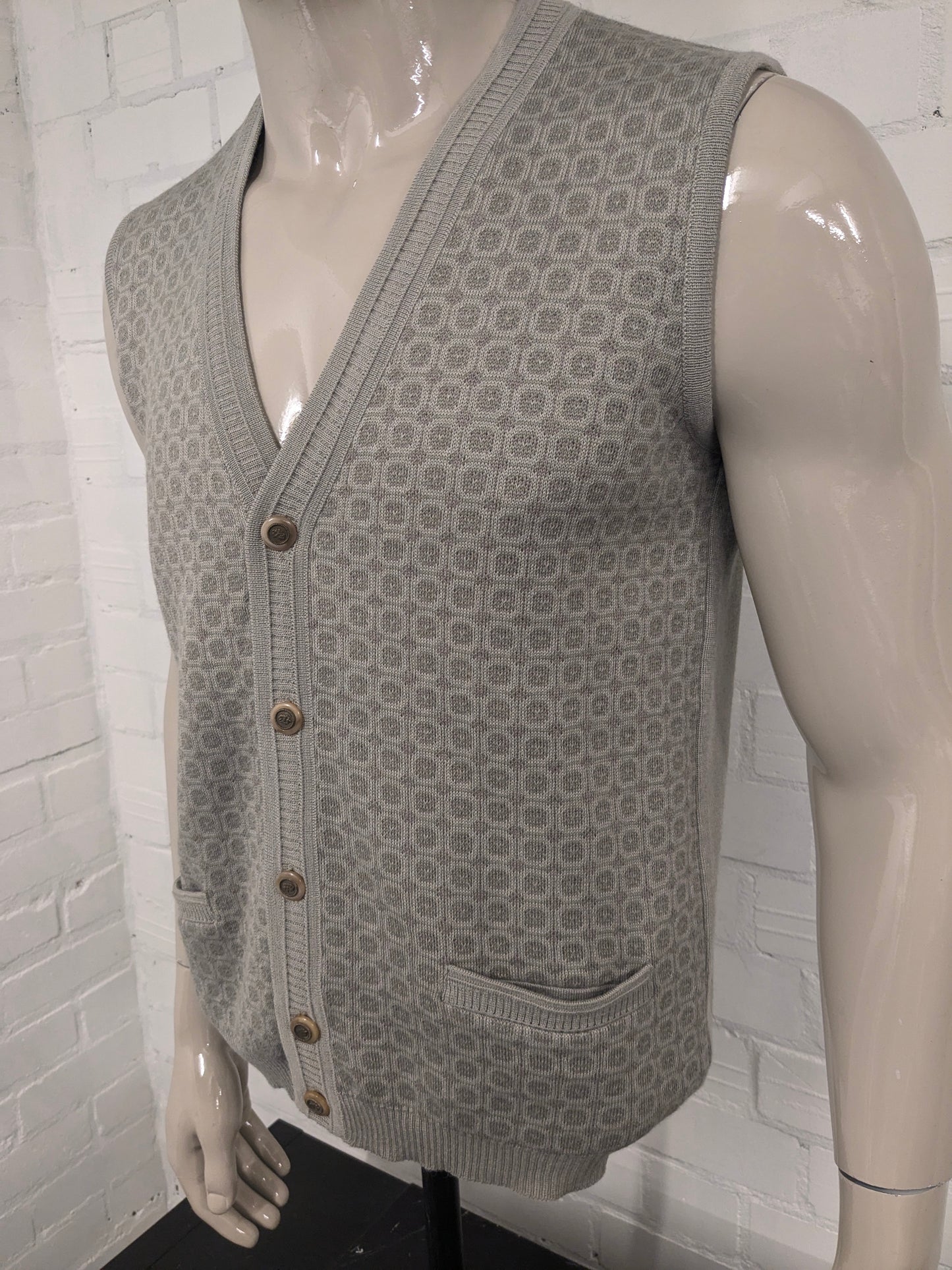 Vintage Wollen Bernardino gilet / spencer / vest met mooie knopen. Groen Lila motief. Maat M. 50% Wol.
