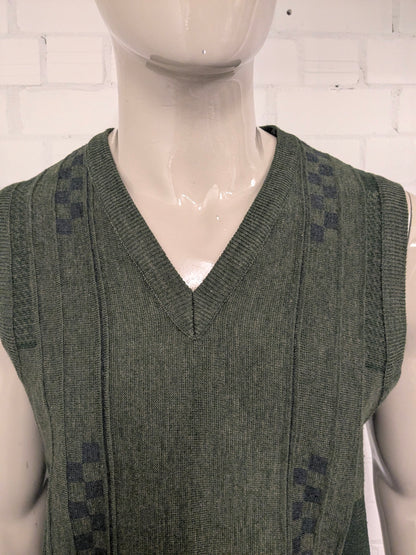 Spencer di lana di pesca vintage con scollo a V. Motivo verde. Taglia M. 50% lana.