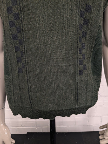 Spencer di lana di pesca vintage con scollo a V. Motivo verde. Taglia M. 50% lana.