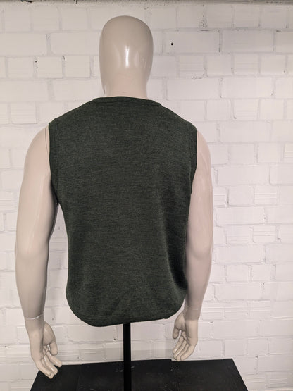 Spencer di lana di pesca vintage con scollo a V. Motivo verde. Taglia M. 50% lana.