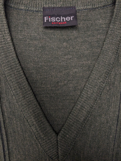 Spencer di lana di pesca vintage con scollo a V. Motivo verde. Taglia M. 50% lana.