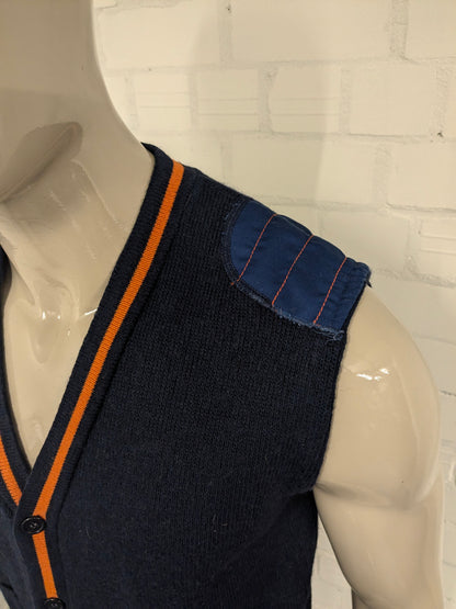 Vintage spencer / gilet / vest. Blauw Oranje gekleurd. Maat M. 50% Wol.