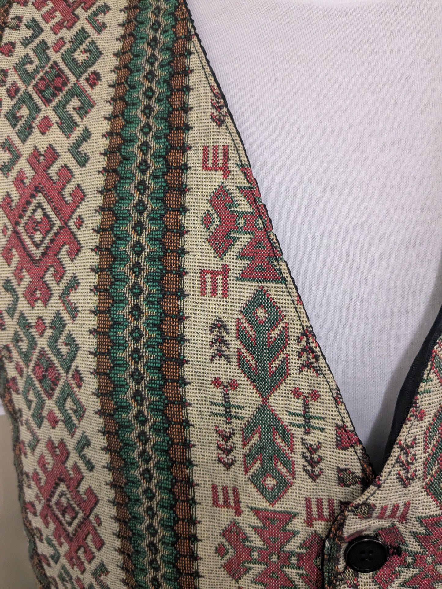 Vintage city waistcoat. Green red orange motif. Size L.