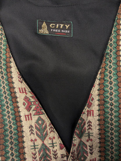Vintage city waistcoat. Green red orange motif. Size L.