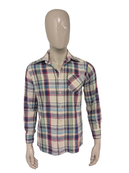 Vintage 70's merkloos overhemd met puntkraag. Rood Blauw Groen Geel geruit. Maat M.