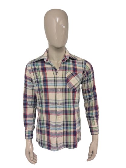 Vintage 70's merkloos overhemd met puntkraag. Rood Blauw Groen Geel geruit. Maat M.