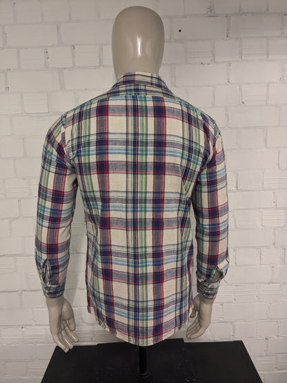 Vintage 70's merkloos overhemd met puntkraag. Rood Blauw Groen Geel geruit. Maat M.