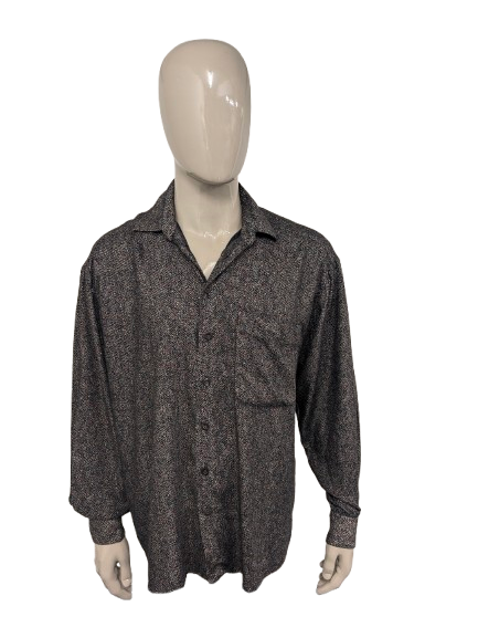 Chemise vintage Jean Chatel. Imprimé brun bleu noir rouge. Taille 2xl / xxl.