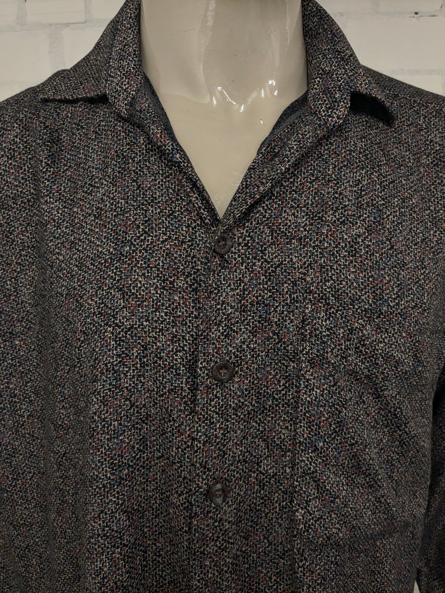 Chemise vintage Jean Chatel. Imprimé brun bleu noir rouge. Taille 2xl / xxl.