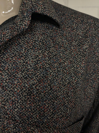 Chemise vintage Jean Chatel. Imprimé brun bleu noir rouge. Taille 2xl / xxl.